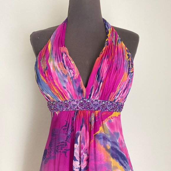 Cache sz 6 Halter 100% Silk backout v neck fit & flare midi cocktail dress - Picture 2 of 9